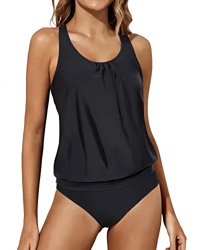 Women's Racerback Tank Tops Bottoms Blouson Tankini Swimwear-Black