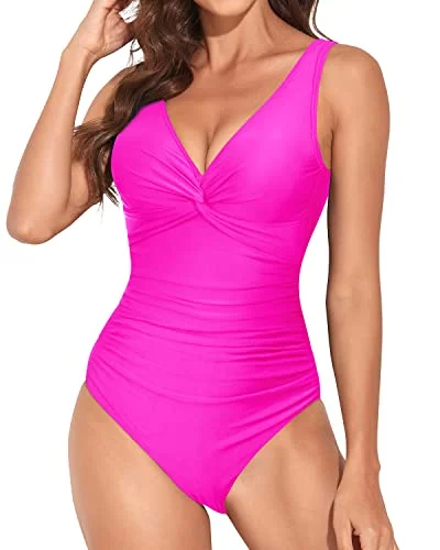 V Neck Women Monokini Vintage Tummy Control Slimming Swimsuit-Neon Pink